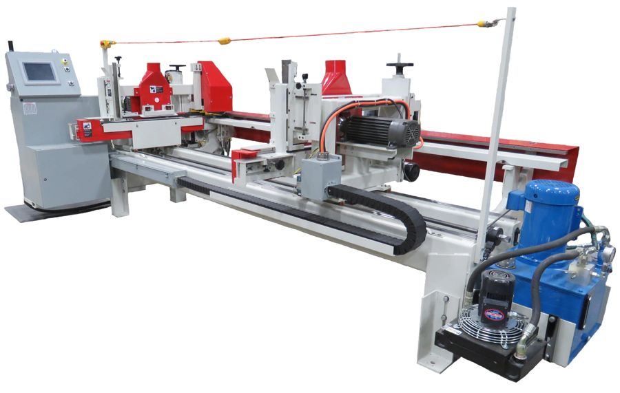 Industrial moulder machine with red and white housings and hydraulic unit
