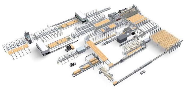 Isometric rendering of a complete wood processing production line